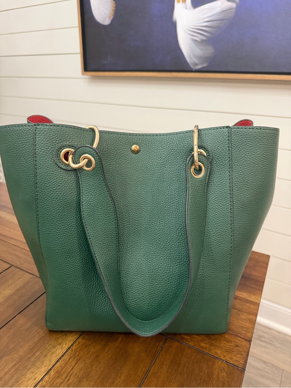 Green Vegan Leather Tote Handbag with Red Interior - Picture 3 of 6